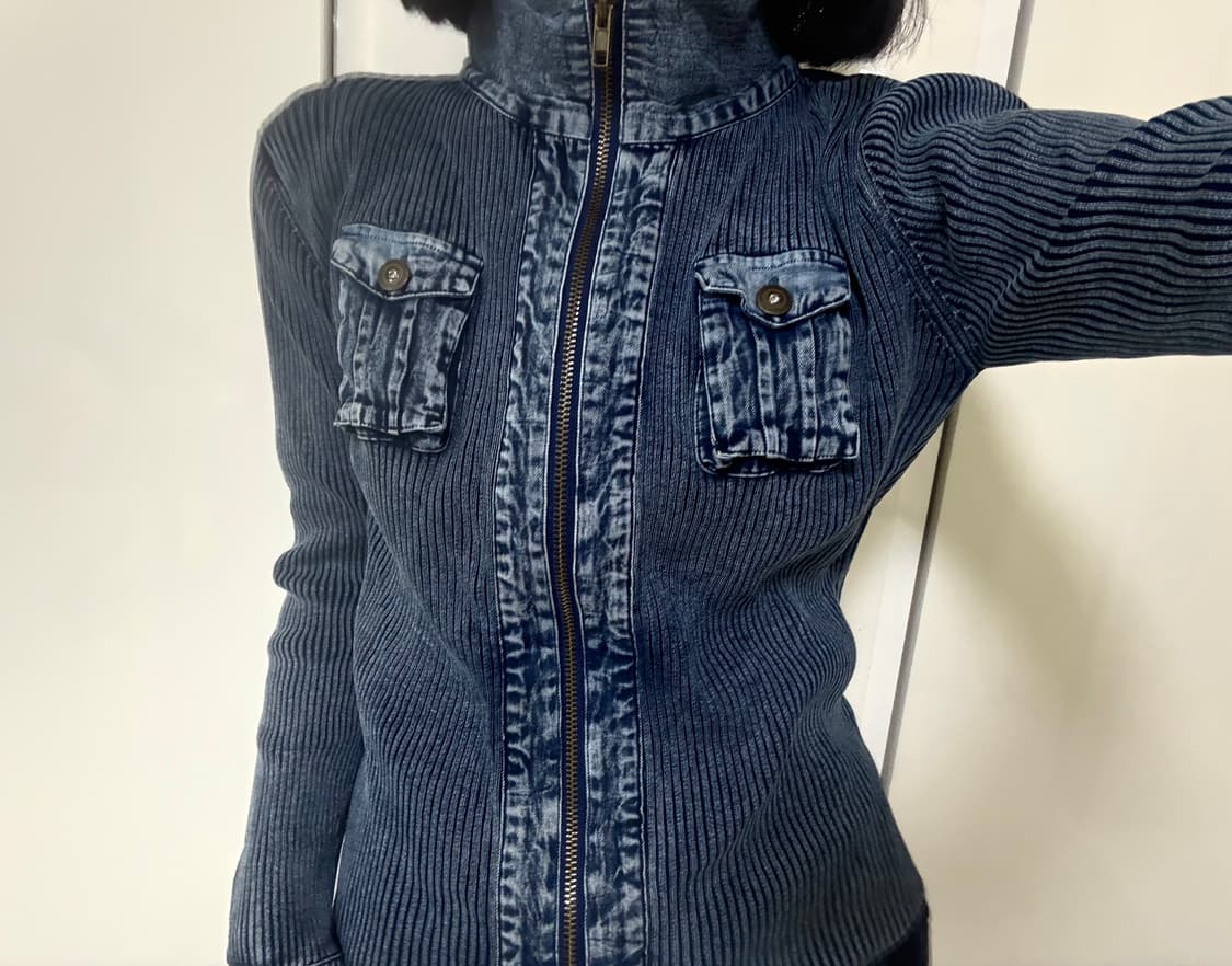 초휘귀)레어 빈티지 데님 포켓 골지 집업 자켓 워싱 y2k 상품이미지1