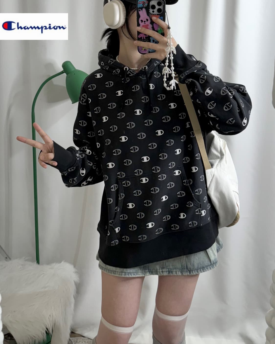 챔피온 리버스위브 블랙 로고 오버핏 후드 티셔츠 상품이미지1