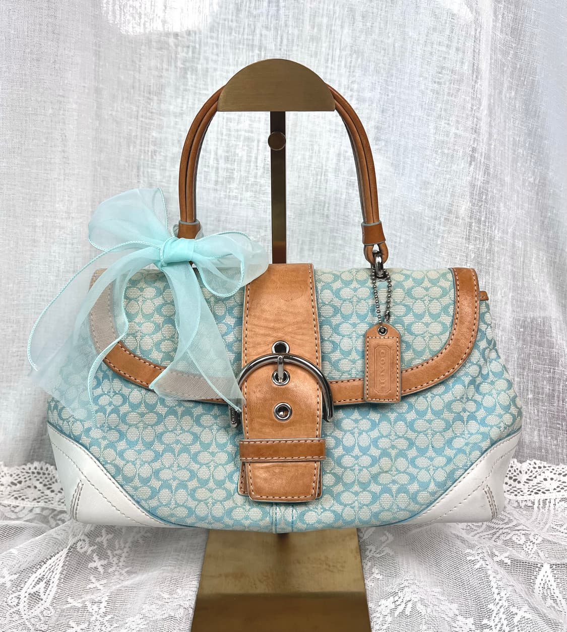 90s coach 민트 시그니처 자카드 캔버스 카라멜 레더 턴락 소호백 상품이미지2