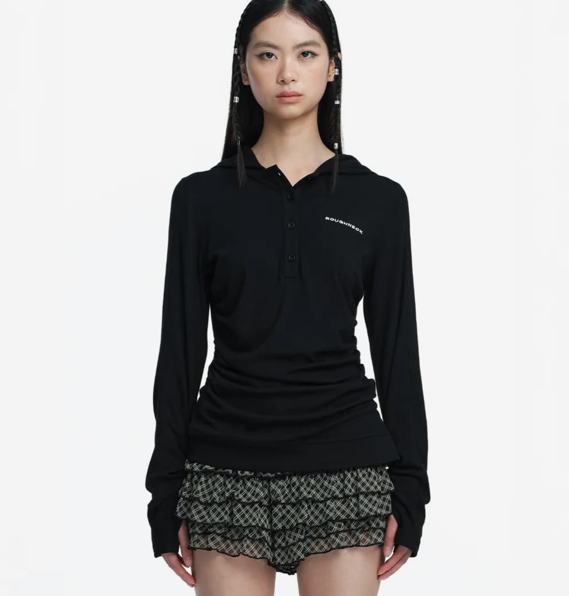 러프넥 헨리 후드 롱 슬리브탑 블랙 M 새상품 상품이미지1