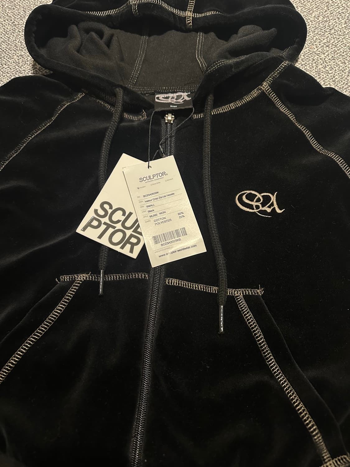 스컬프터 Velour Crop 집업 Hoodie Black 새상품 S 상품이미지2
