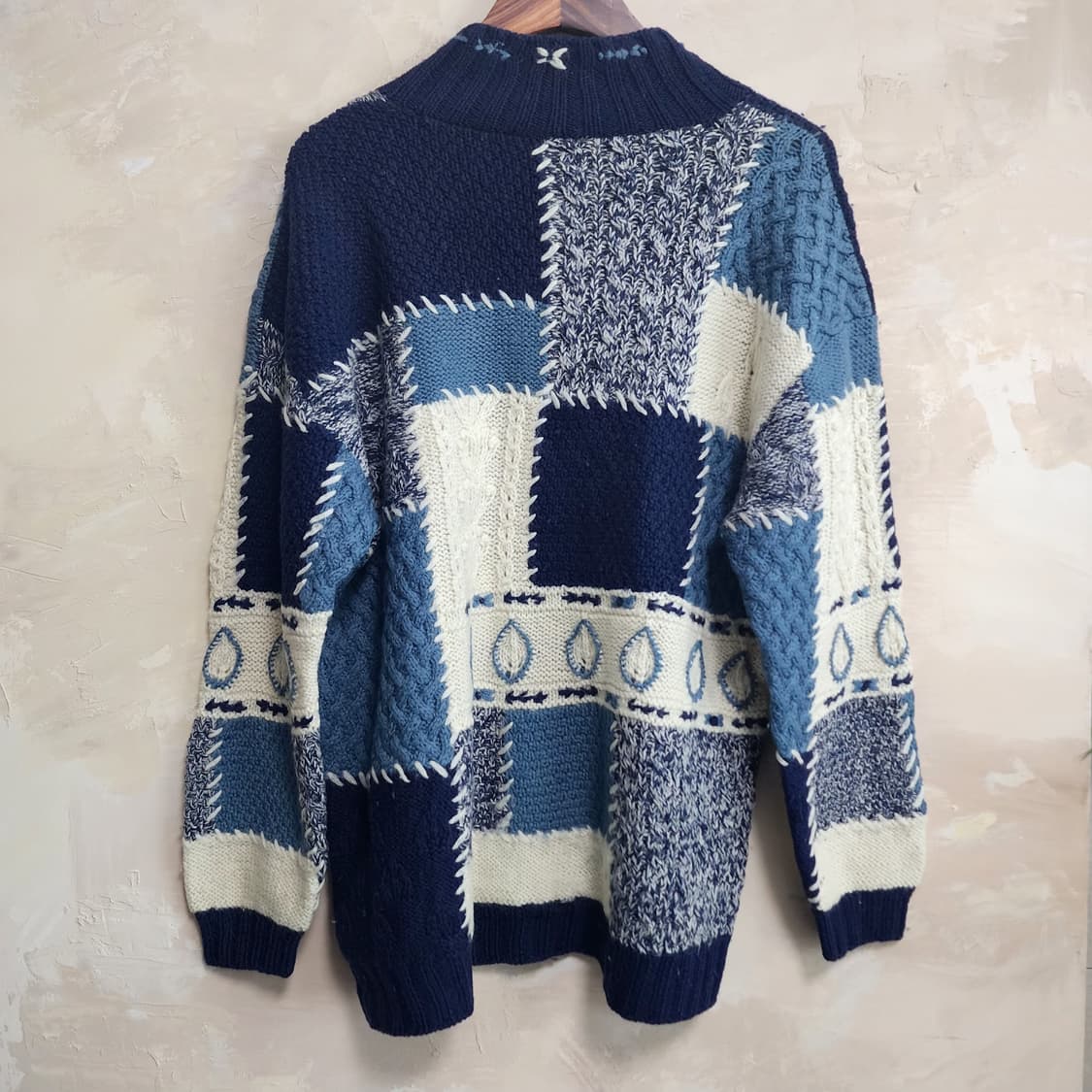 일본빈티지 울 패치워크 블루 가디건 상품이미지4
