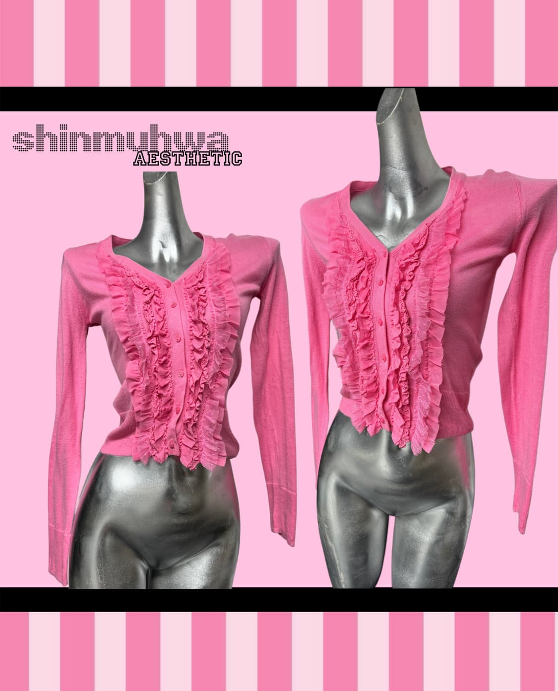 갸루 핑크 프릴레이스 가디건 상품이미지2