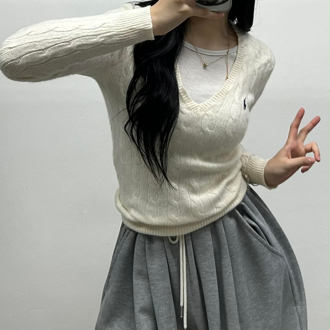 폴로 랄프로렌 핀터깔 아이보리 울 캐시미어 브이넥 걸즈 니트(M) 상품이미지1