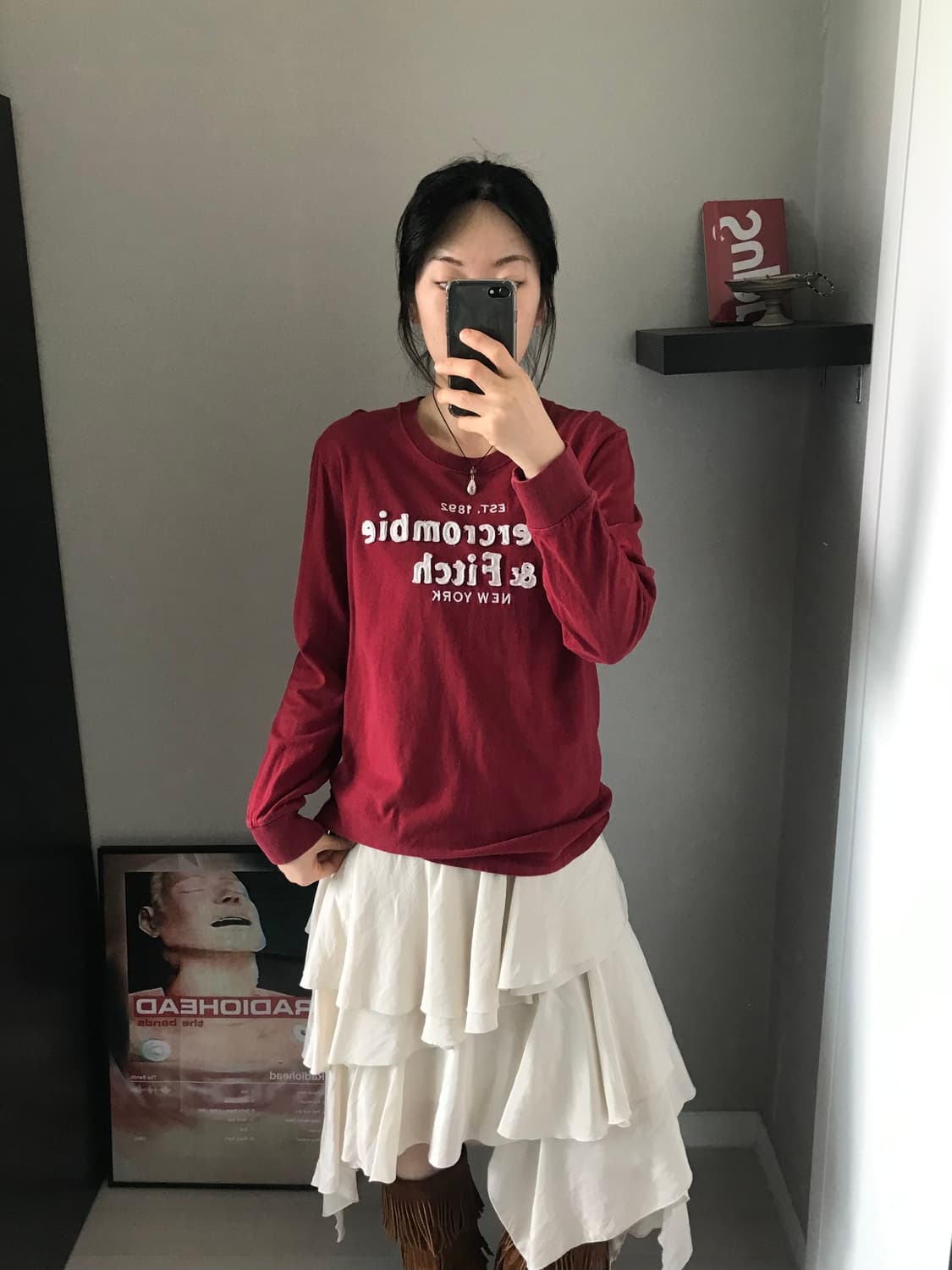 아베크롬비 중앙 자수로고 버건디 롱슬리브티 상품이미지4