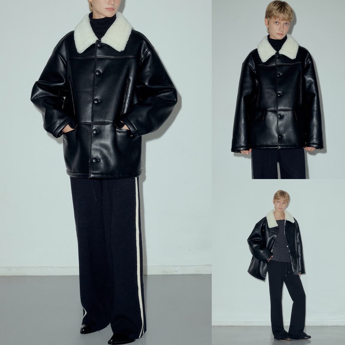 씨타 울 블렌드 시어링 폭스 레더 무스탕 코트 블랙 새상품 상품이미지3