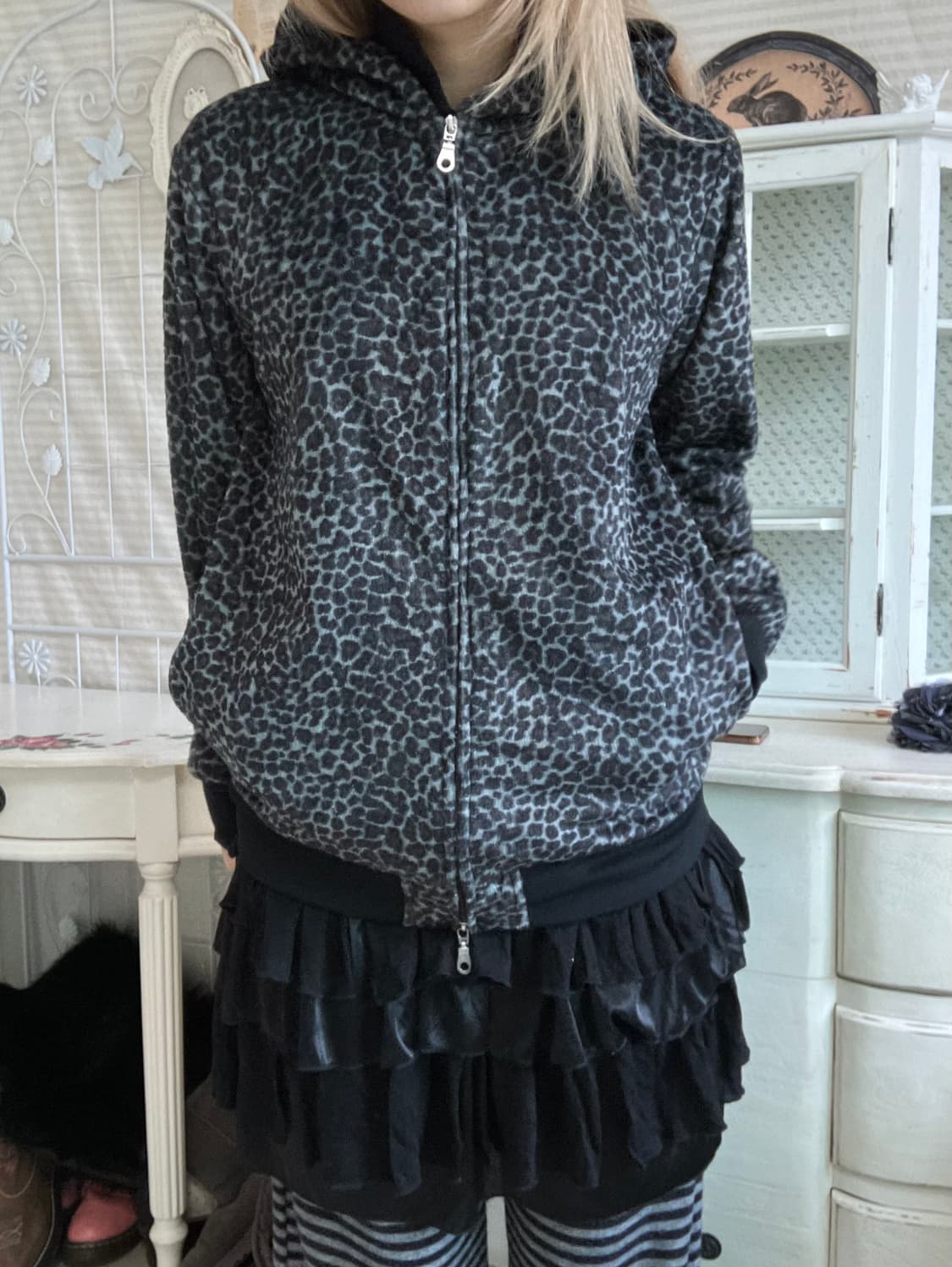 일본빈티지 차콜 레오파드 퍼 후드 집업 상품이미지4