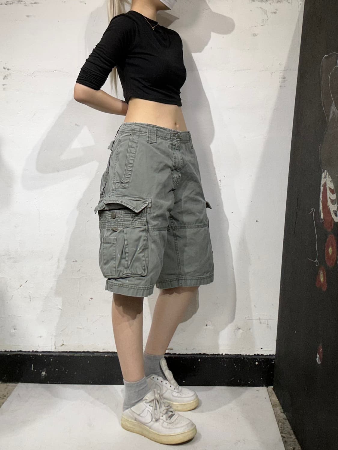 빈티지 카키 와이드 멀티 포켓 카고 반바지 버뮤다 팬츠  상품이미지1