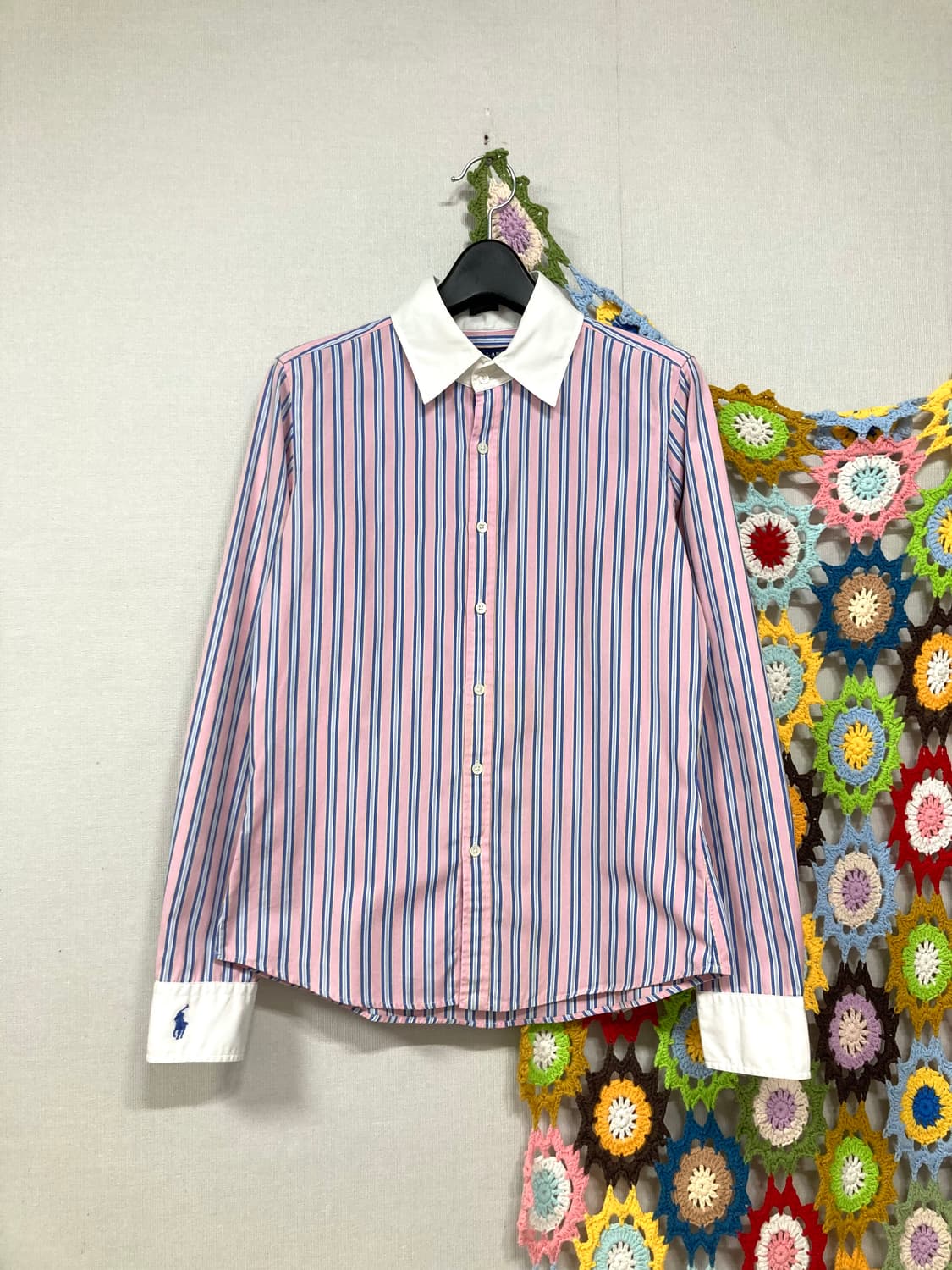 여성 폴로 랄프로렌 소매로고 배색 스트라이프 셔츠 _ 핑크 상품이미지1