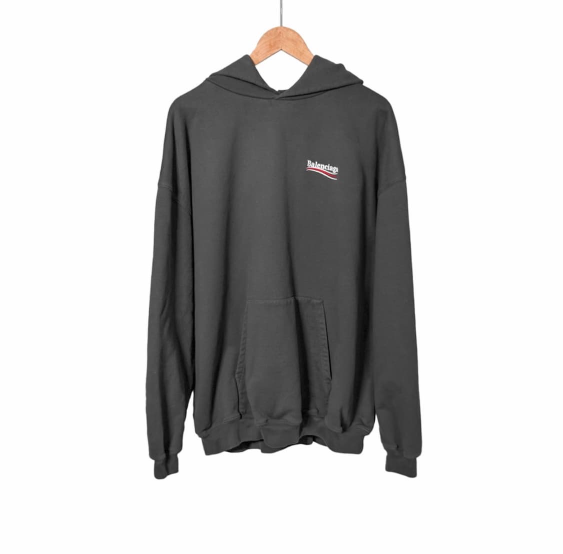[M] 발렌시아가 남성 폴리티컬 자수 로고 라지핏 후드 티셔츠 그레이 상품이미지1