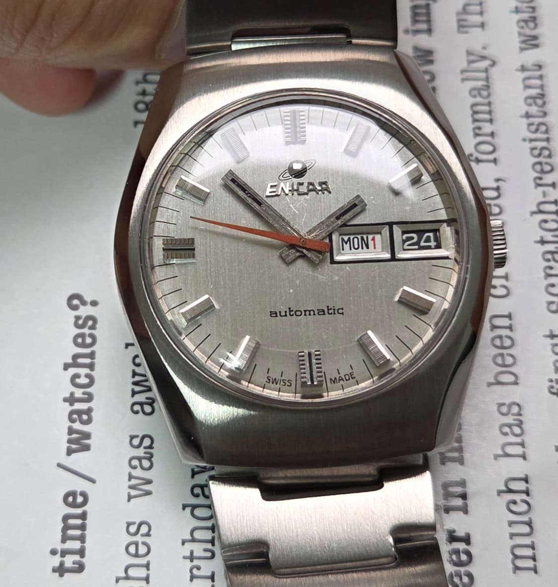 레어] 빈티지 애니카(Enicar) 데이데이트 실버판 오렌지초침 오토매틱 상품이미지1