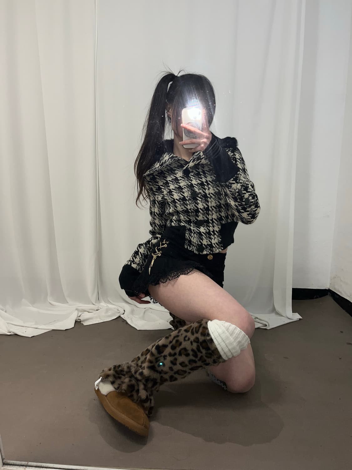 체크 카라 래빗퍼 숏코트 자켓 상품이미지4