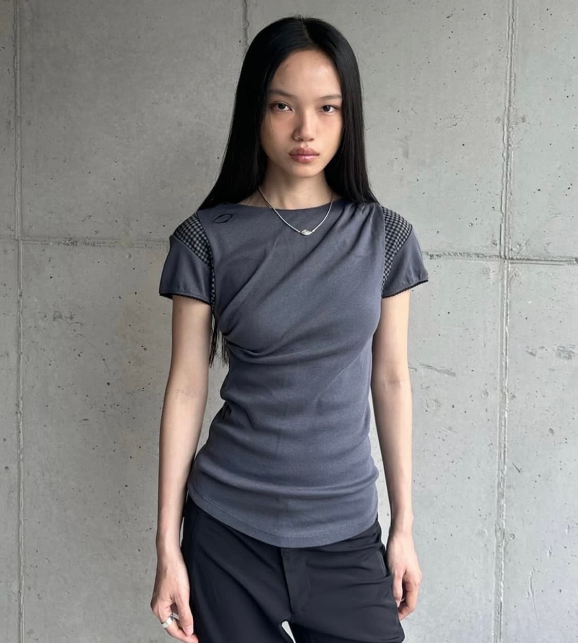 미스치프 카울 체크 블록 탑 차콜 M cowl check block 상품이미지1