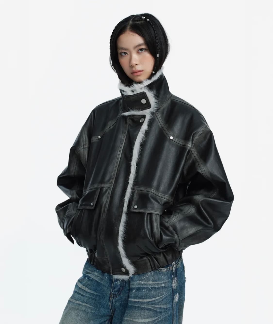 러프넥 워싱 레더 무스탕 자켓 그레이 상품이미지1