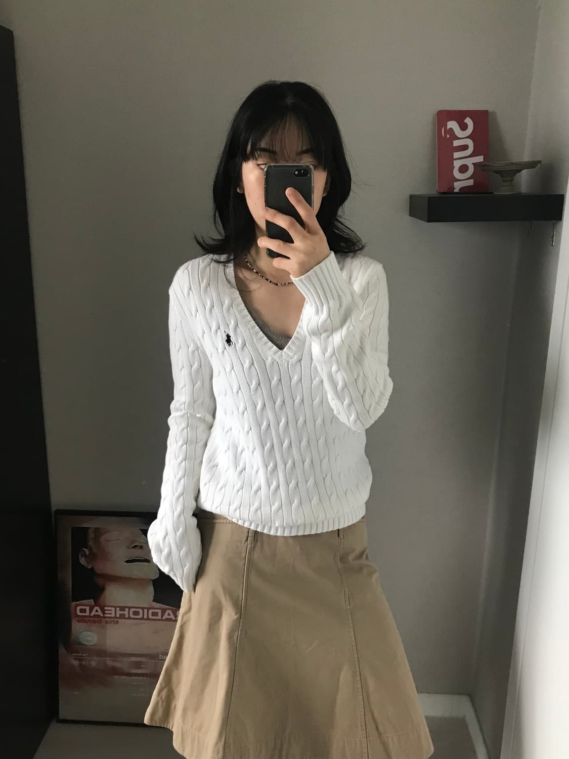 폴로 랄프로렌 포니 로고 화이트 브이넥 케이블 니트 상품이미지3