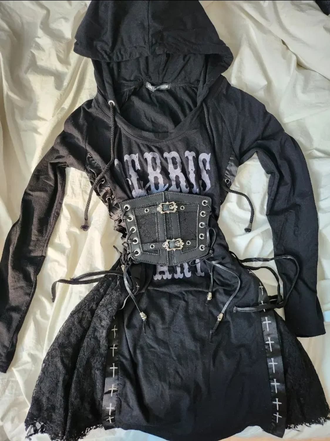 고스트오브할렘 고스 펑크 후드 아일렛 옆트임 레이스 원피스 상품이미지3