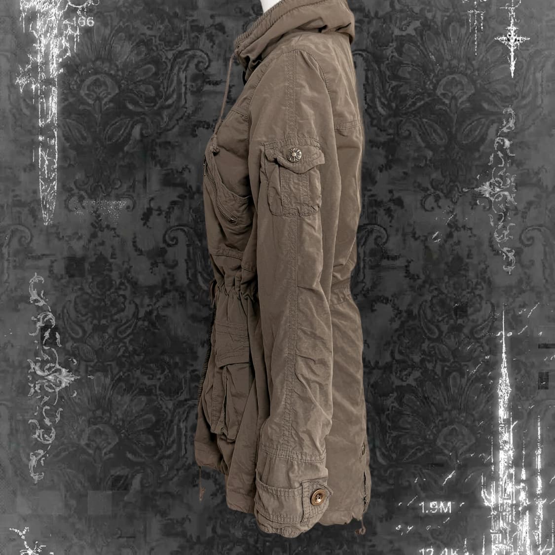 (이체시에눌) 일본 카키 브라운 크롬하츠깔 단추 포인트 야상 후드 자켓  상품이미지2