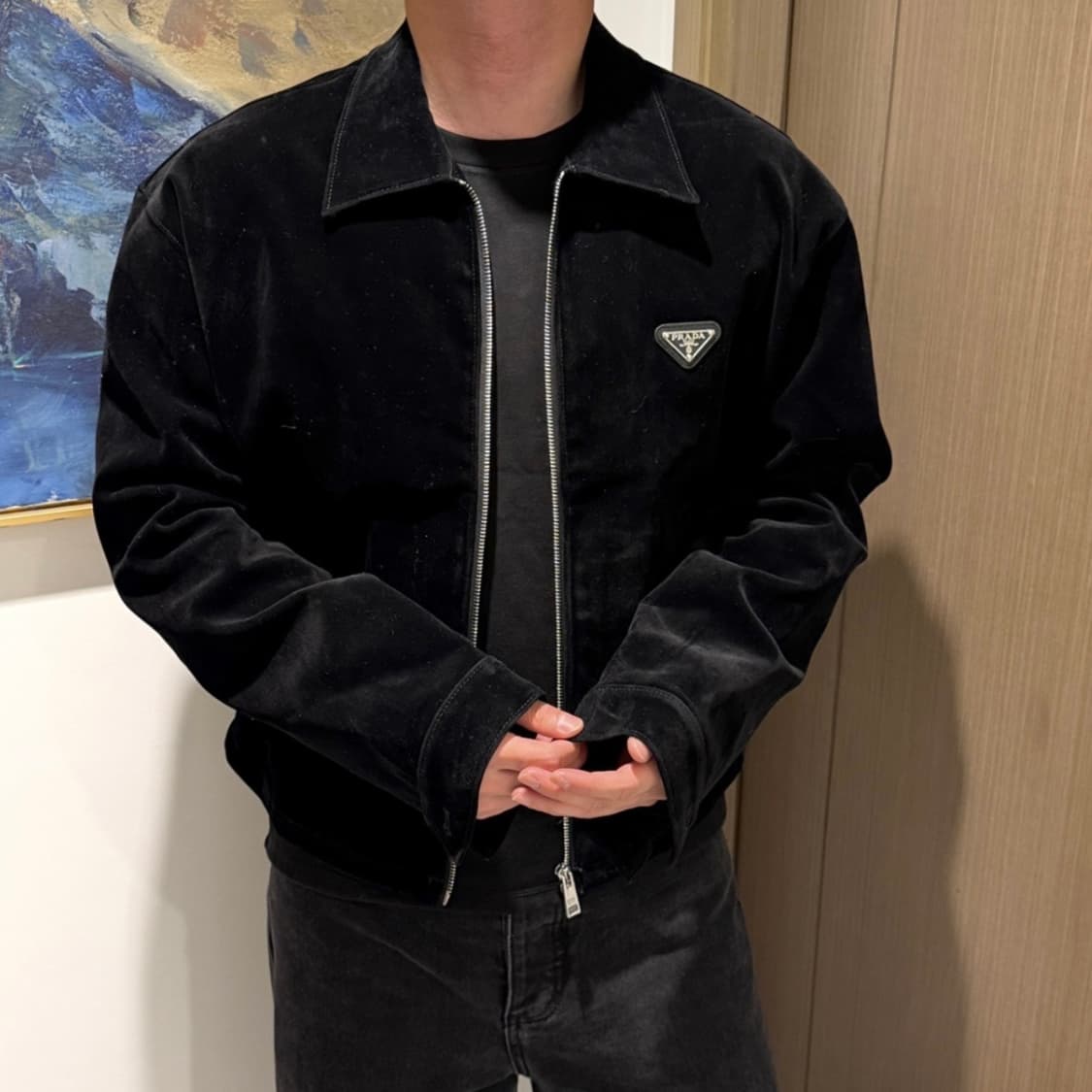 [S+급/L] 프라다 벨벳 데님 블루종 자켓 블랙 상품이미지8