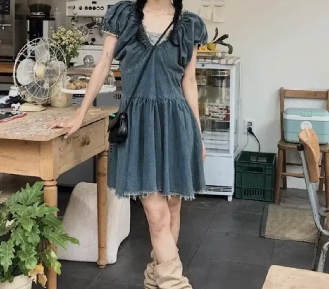 빈블 랑듀퍼프절개데님원피스 상품이미지2