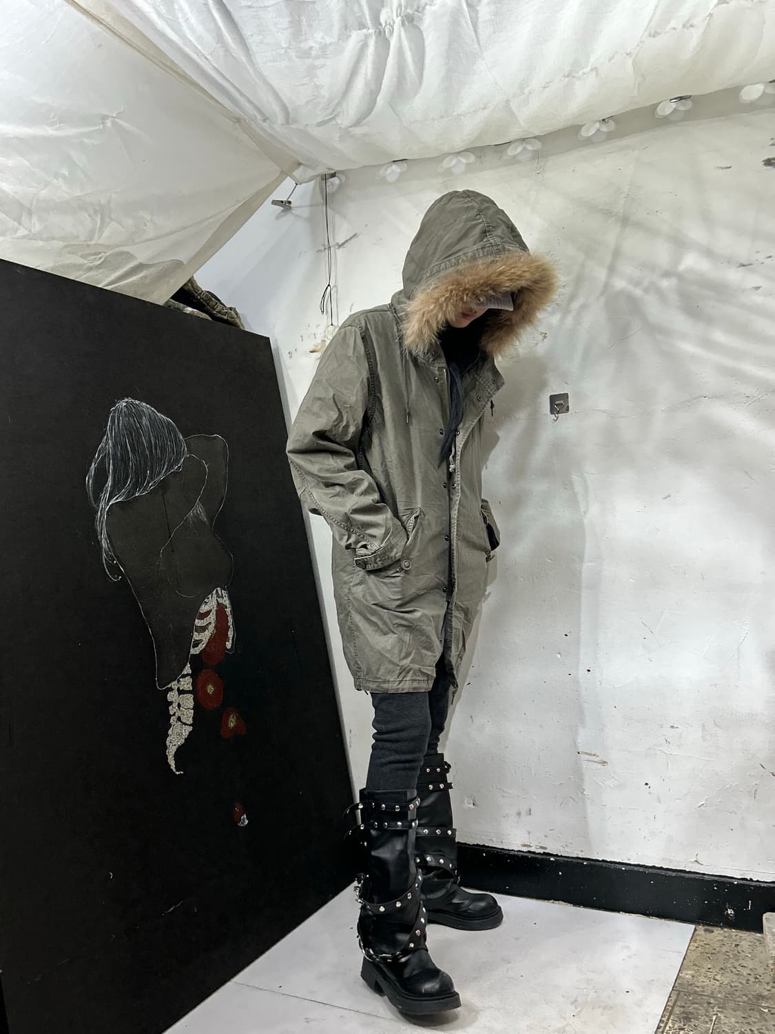 일본빈티지 울프죠 퍼 후드 야상 개파카 y2k L 상품이미지2