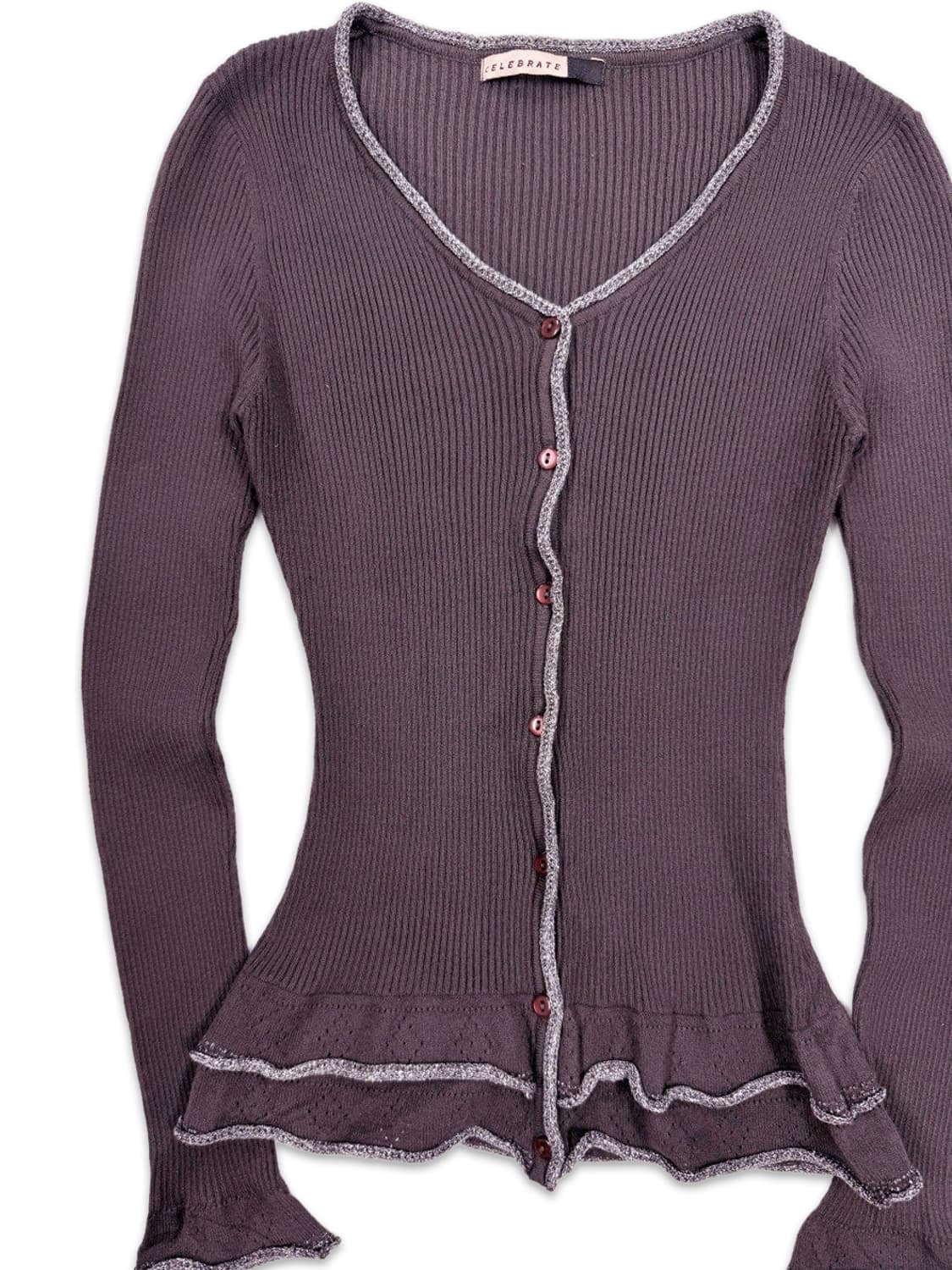 빈티지 퍼플 그레이 슬림핏 프릴 니트 가디건 상품이미지2