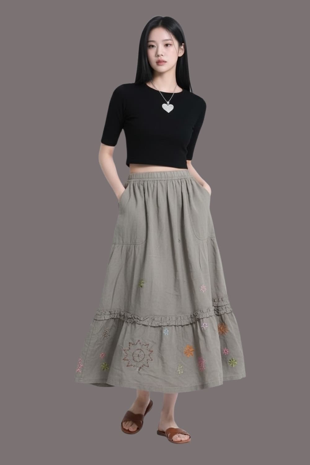 오일릴리 린넨 자수 롱 스커트 F 상품이미지1