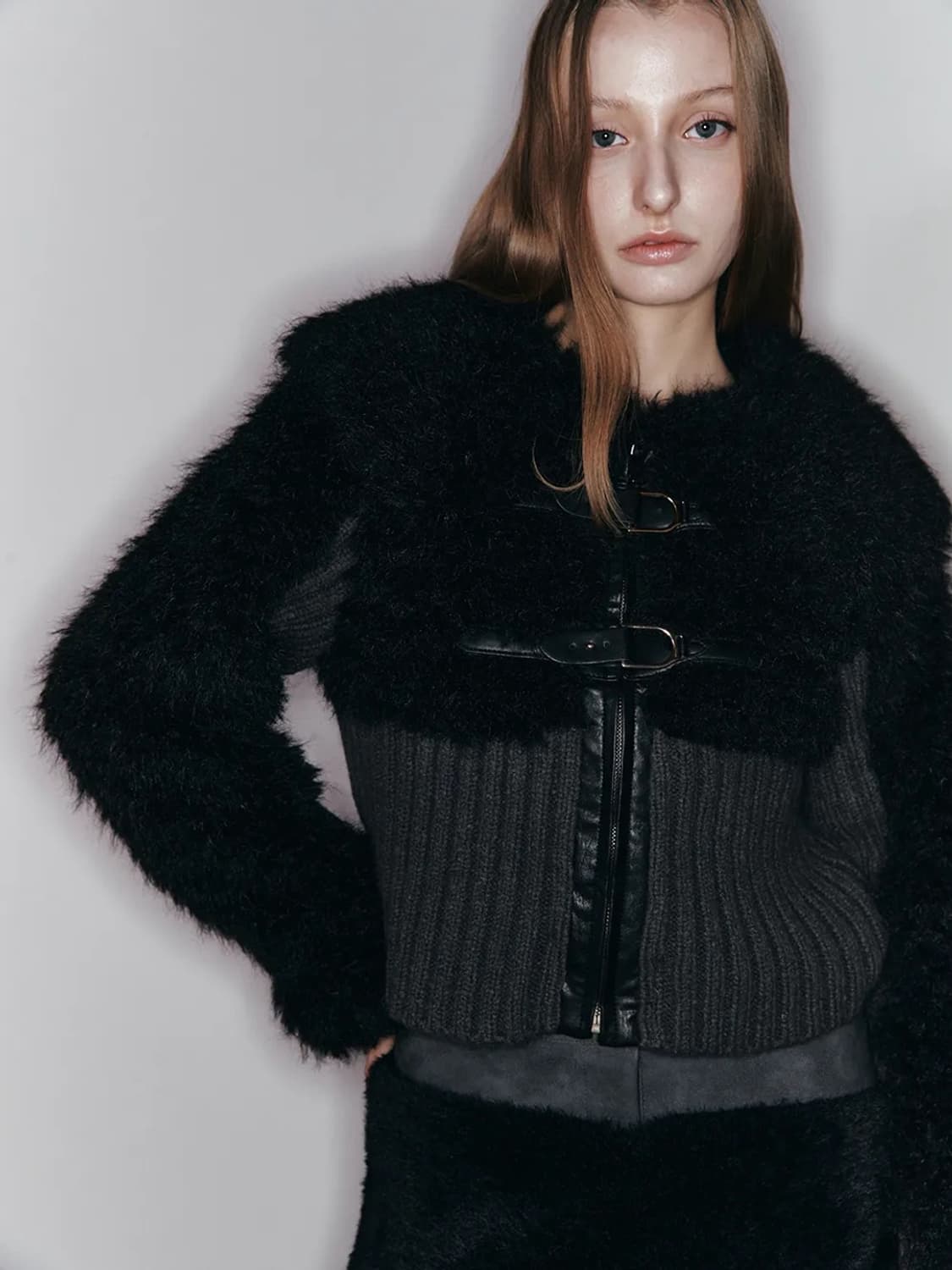 아수라 니트 퍼 믹스 무스탕 블랙 상품이미지1