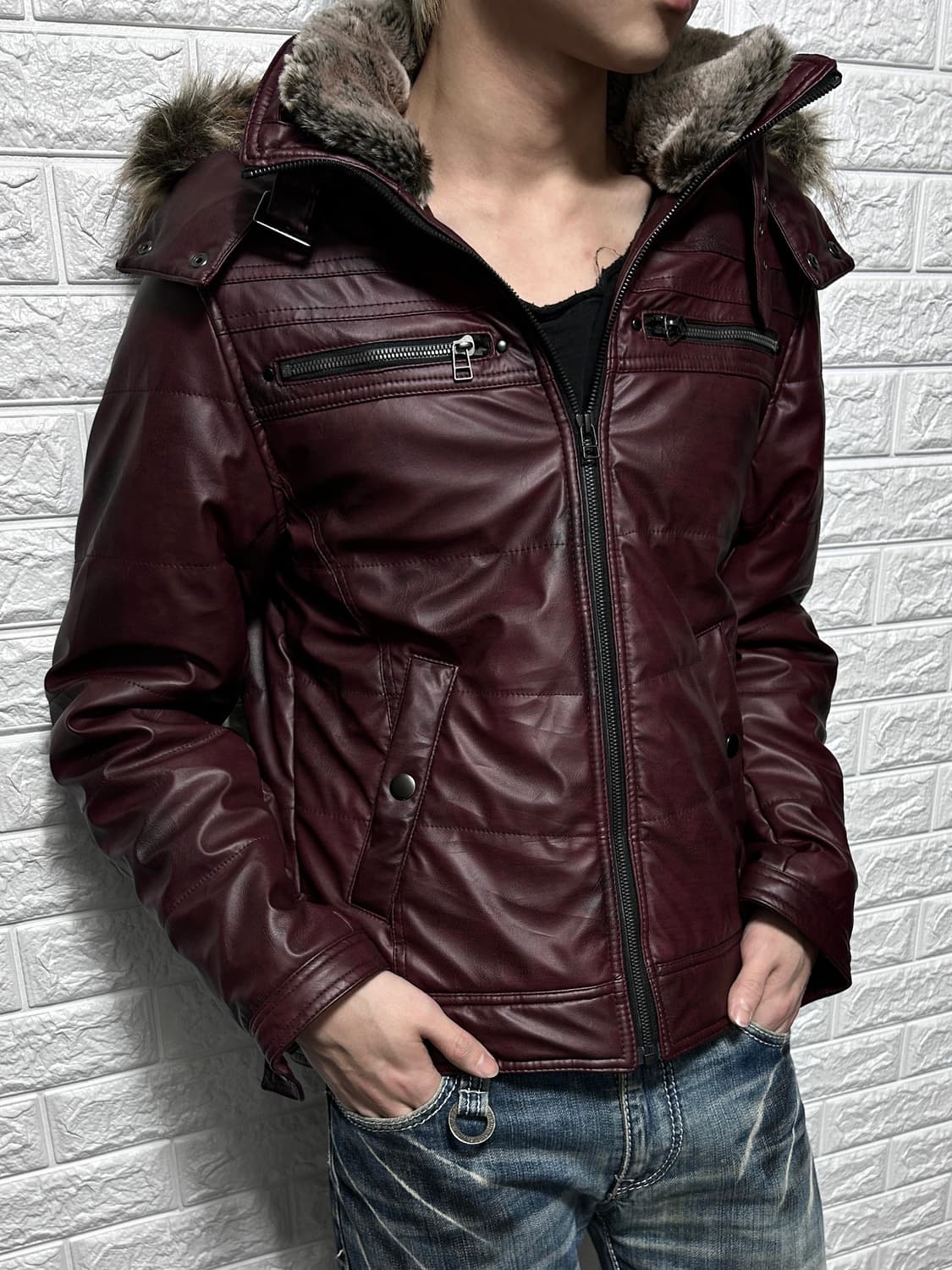 Avail 버건디 페이드 퍼 트리밍 자켓 상품이미지3