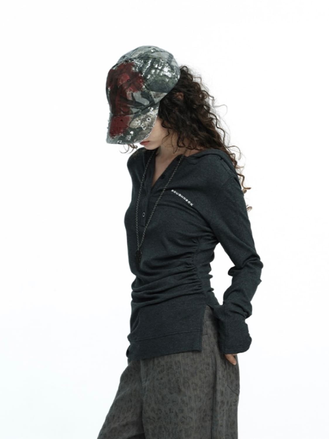 러프넥 Henley Hooded 롱슬리브 탑 그레이 S 상품이미지2