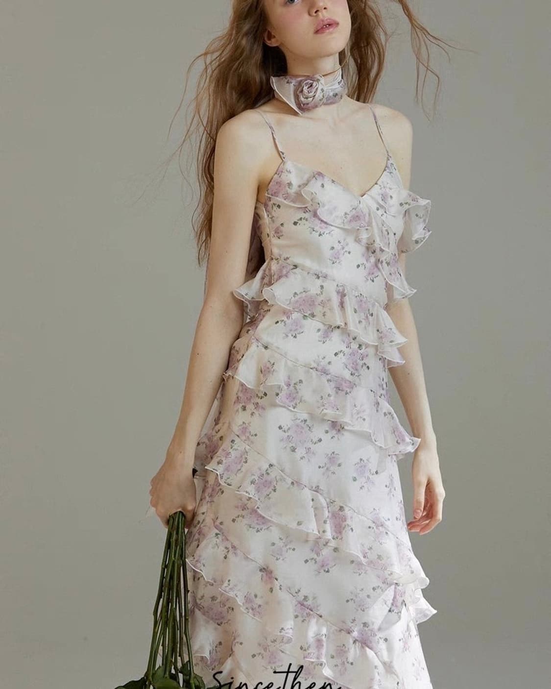 S사이즈) 신스덴 루시 플로랄 프릴 스카프 드레스 휴양지여름나시롱원피스 상품이미지1