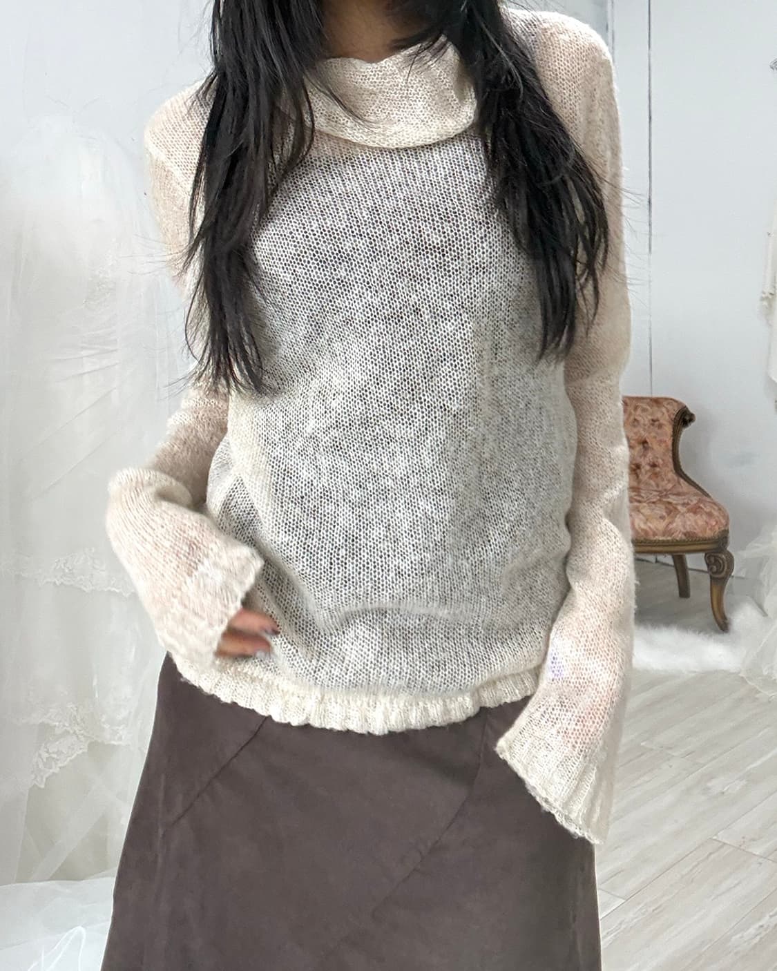 Light apricot Beige Ribbed Knit Turtlene 상품이미지2