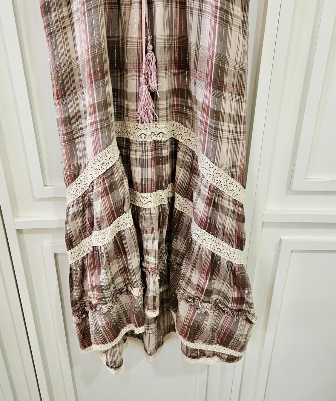 엑시즈팜 체크 레이스 슬리브리스 롱원피스 상품이미지4