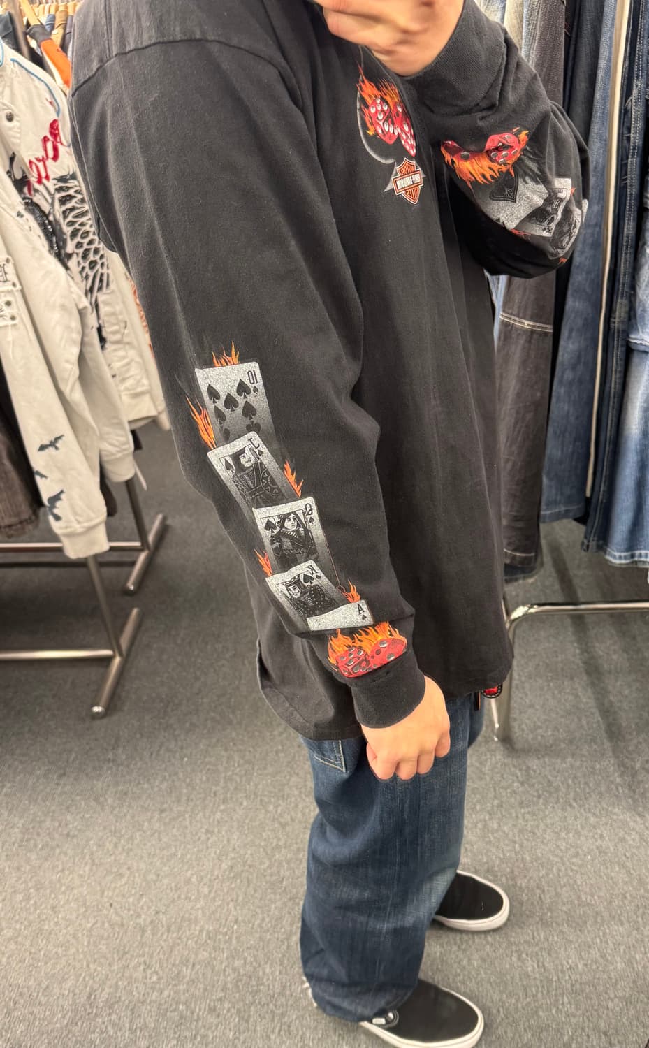 XL)00’s할리데이비슨 빈티지 플레임 다이스 프린팅 블랙 롱슬리브 상품이미지2