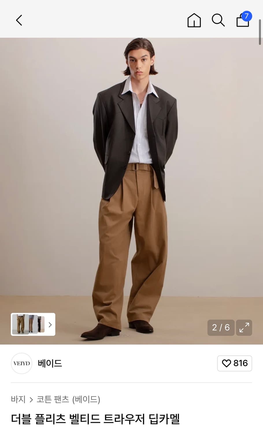 베이드(veiyd) 더블 플리츠 벨티드 트라우저 딥카멜 1사이즈 새상품 상품이미지2