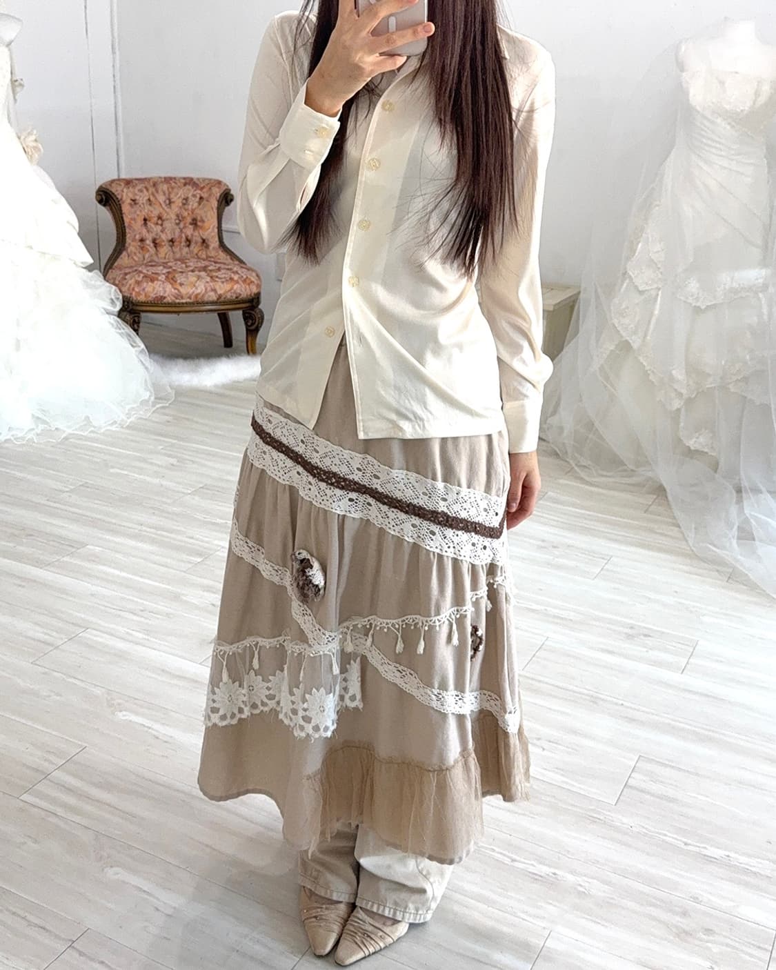 Beige lace patch-work long skirt 상품이미지6