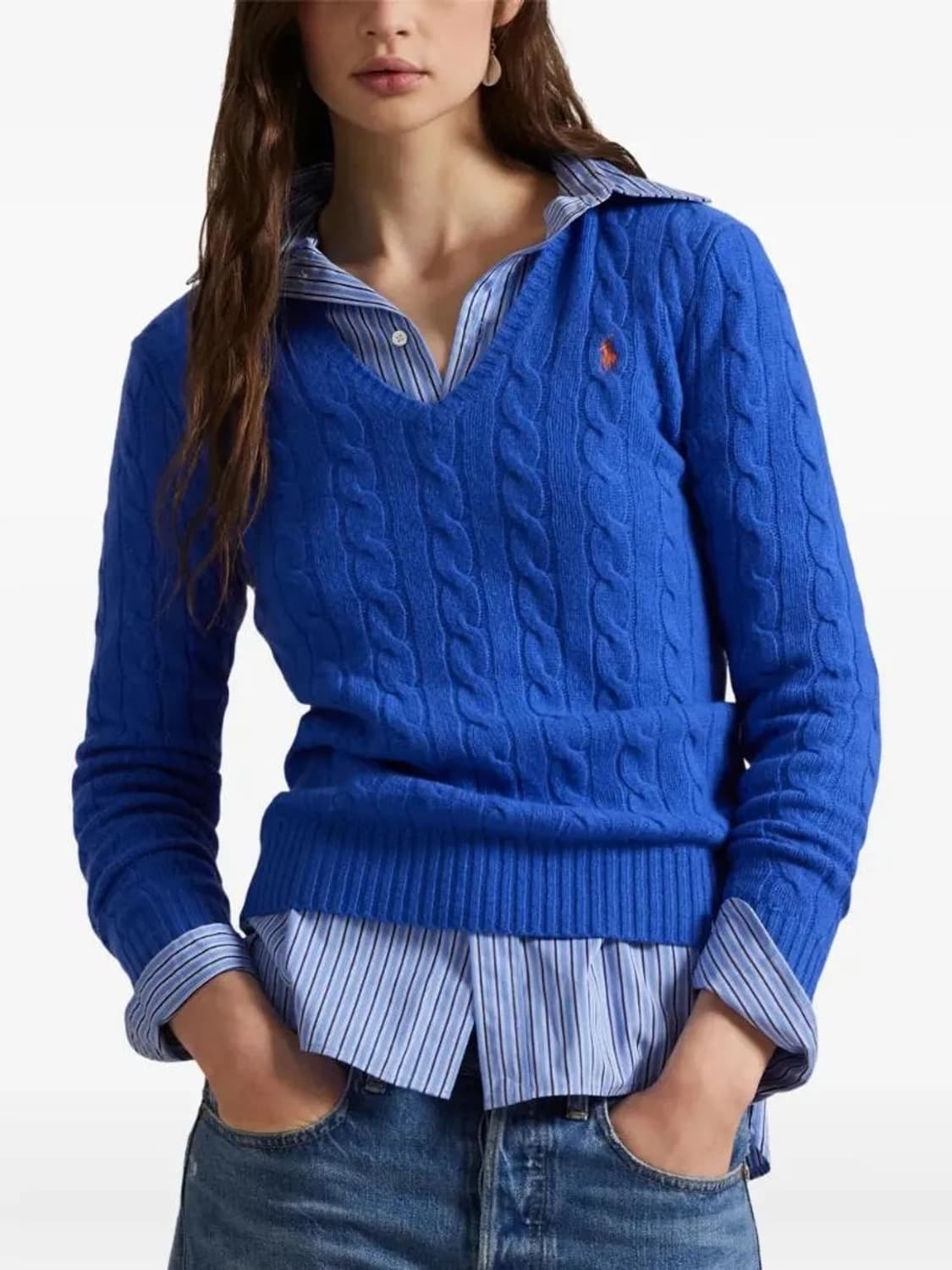 폴로 랄프로렌 100%램스울 케이블 브이넥 니트 블루 M 상품이미지1