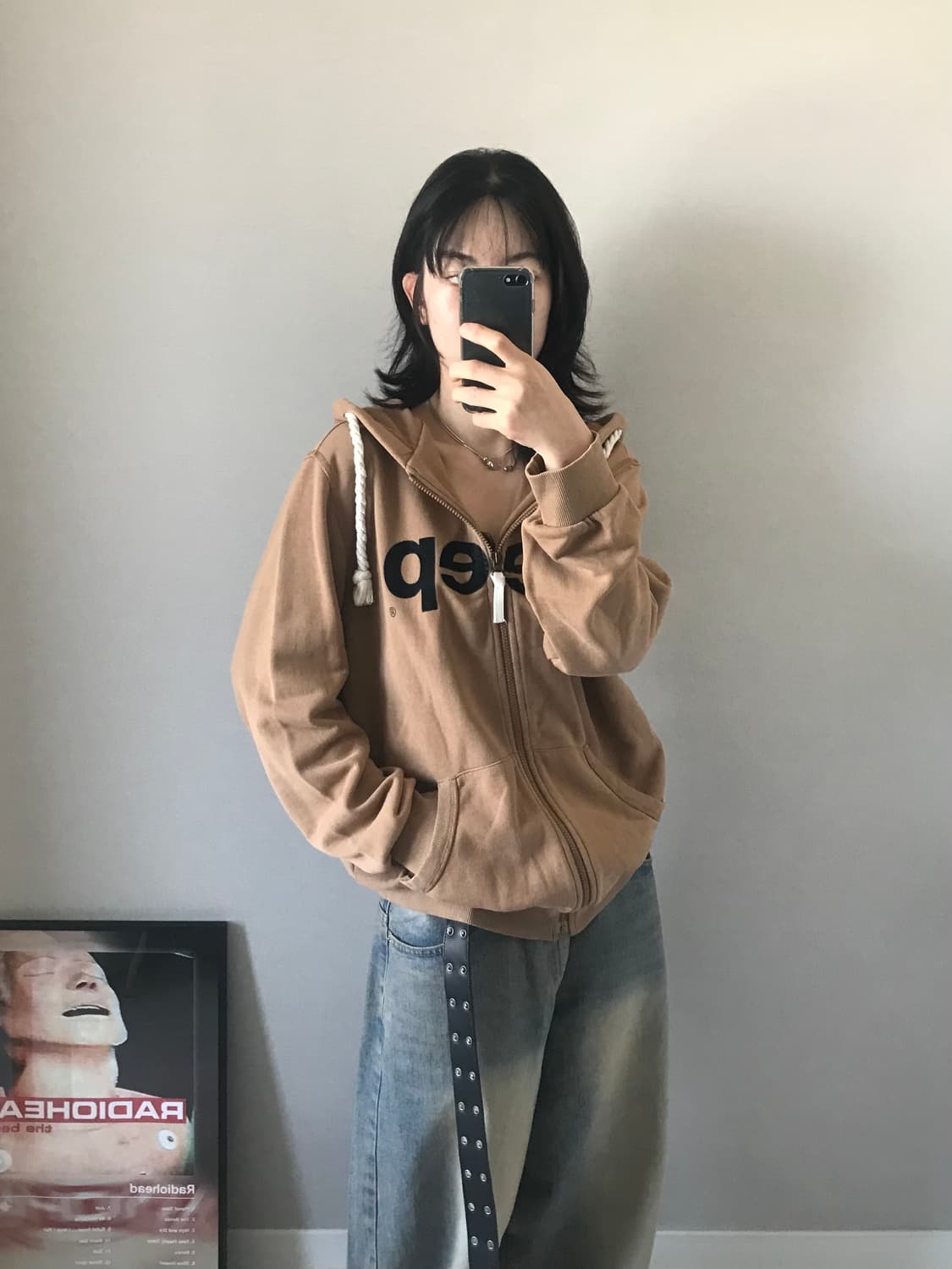 지프 중앙 로고 써멀 카멜 후드집업 상품이미지2