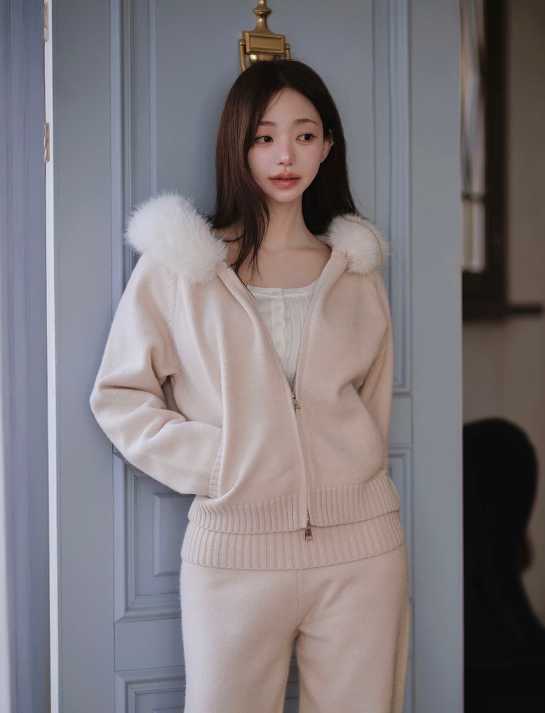 카인다미 퍼 니트 후드 집업 상품이미지2