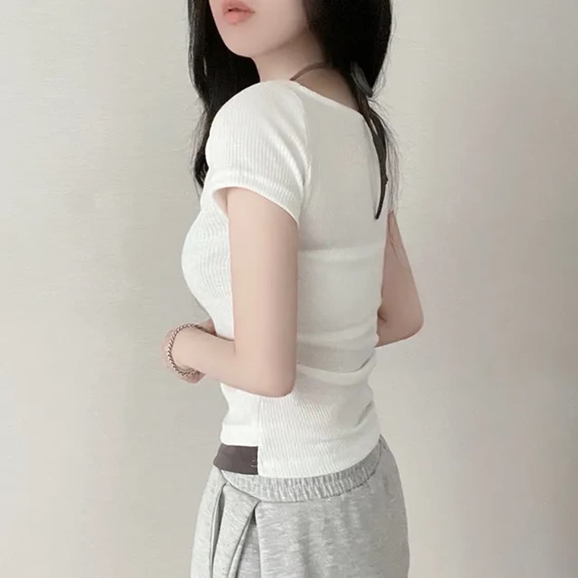 옆셔링 레이어드 배색 반팔 티셔츠 상품이미지2