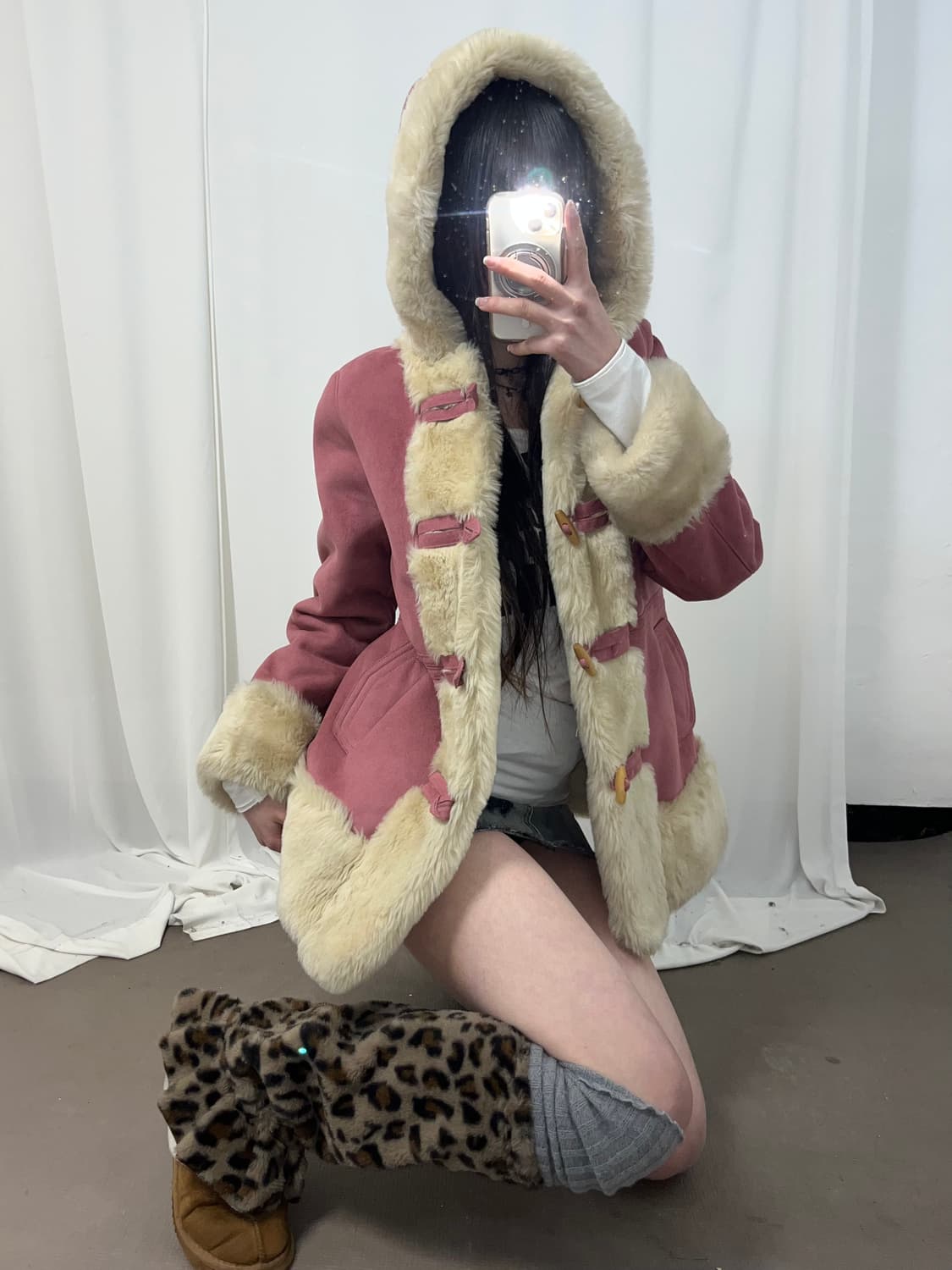 핑크 퍼트리밍 후드 떡볶이 코트 상품이미지1