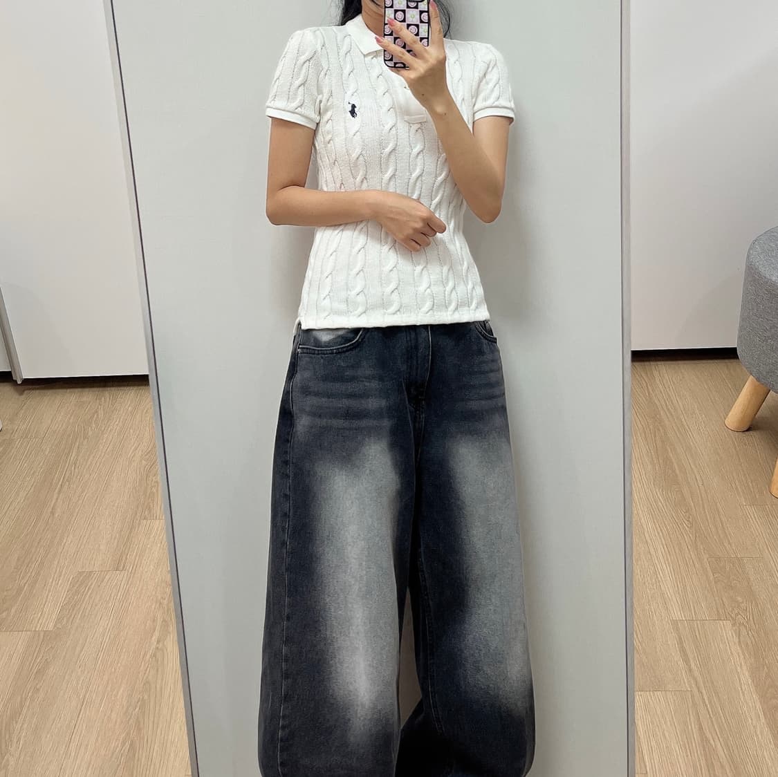 폴로 랄프로렌 딱붙핏 화이트 케이블 반팔 카라 니트 상품이미지2
