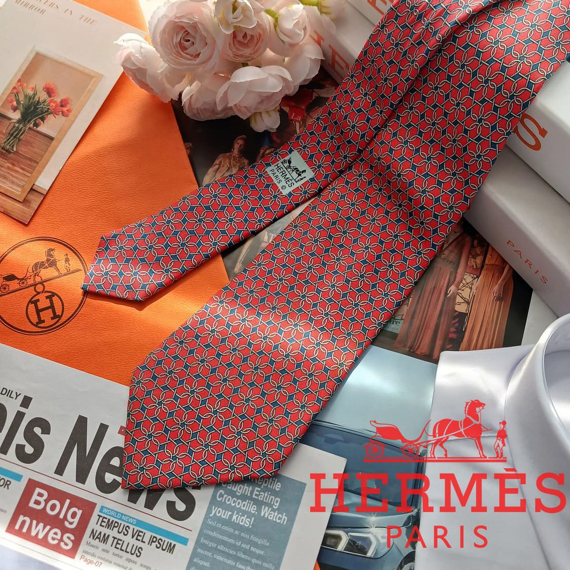 에르메스 실크 레드 체인 패턴 넥타이 9.8cm B등급 A18686
 상품이미지1