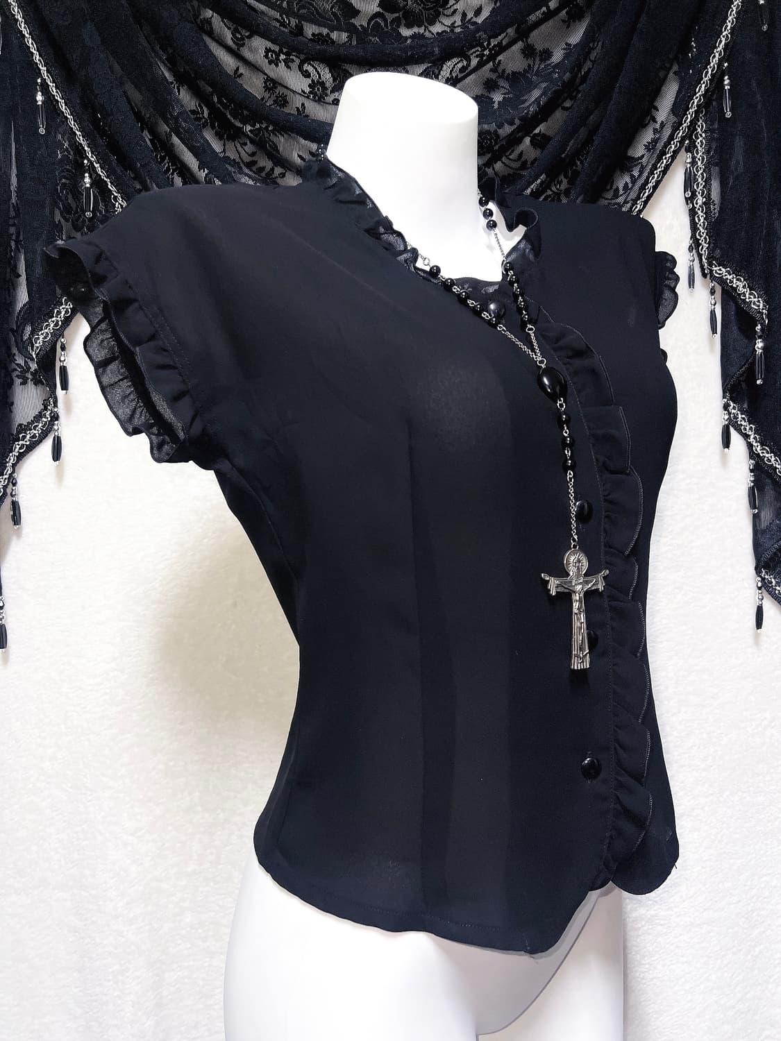 로맨틱고딕 고스로리 블랙 프릴 쉬폰 블라우스 로걀탑 공겜여주 갸루 핀터 상품이미지1