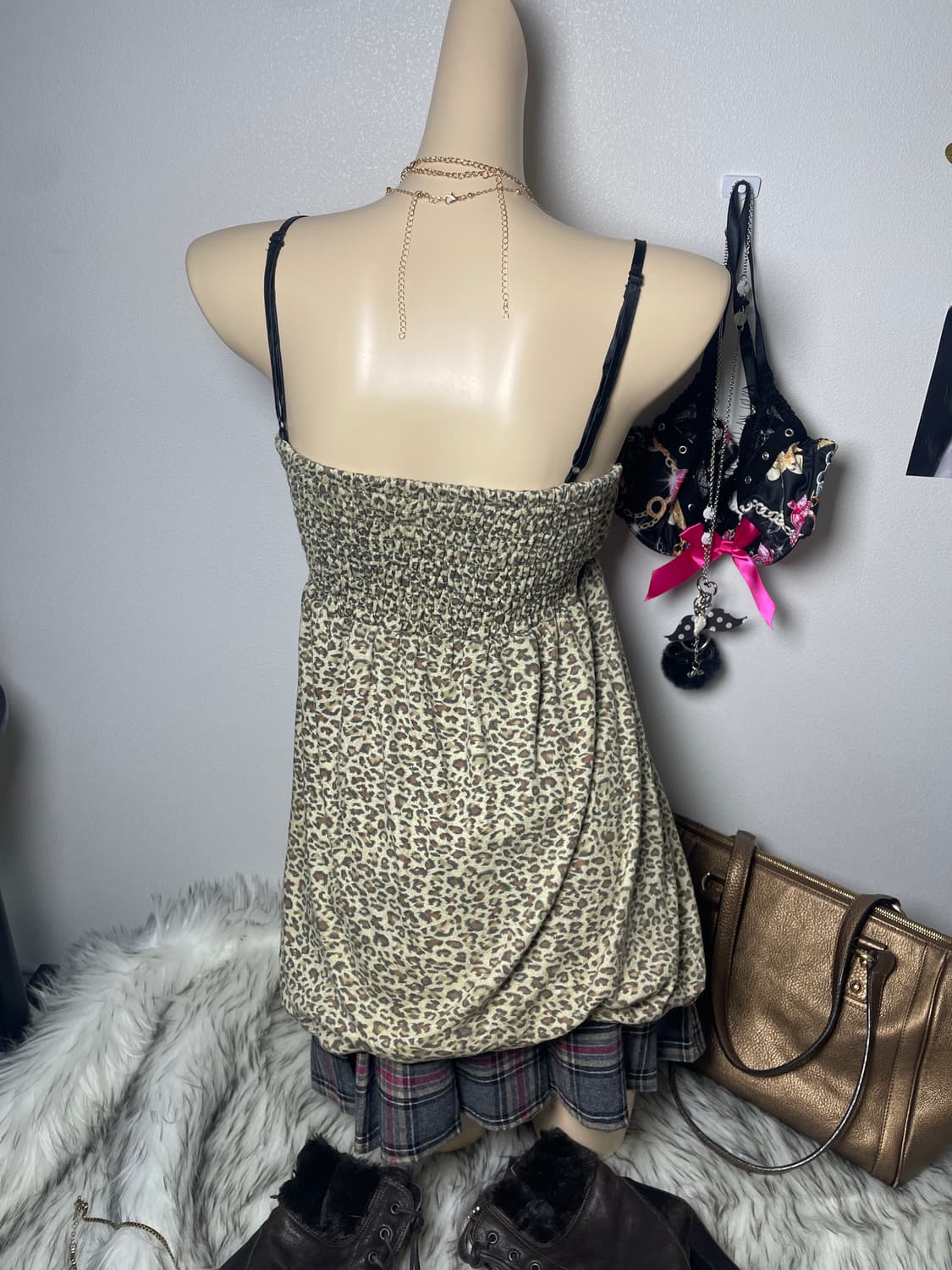 빈티지 갸루 래빗퍼케이프 호피 원피스 세트 상품이미지6