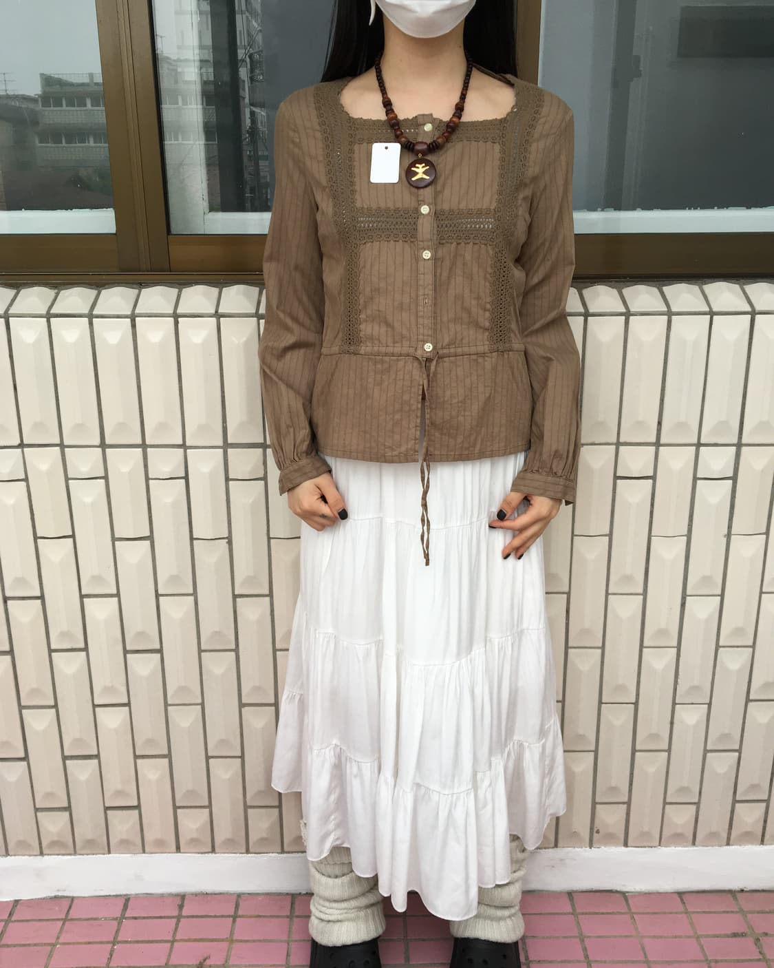 Crochet trimming stripe pattern blouse 상품이미지1