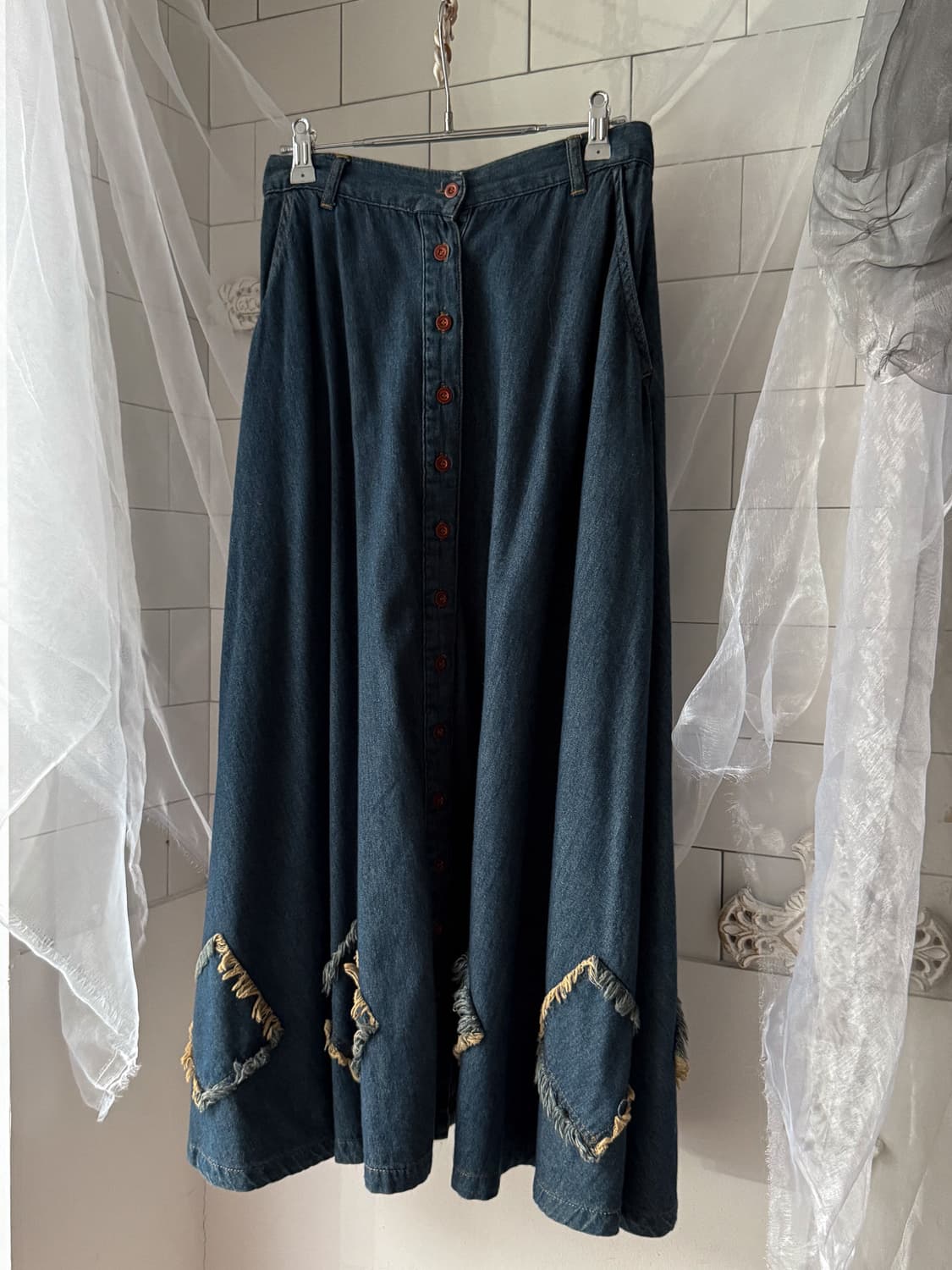 Fringe Patch Button Denim Skirt 0389 상품이미지1