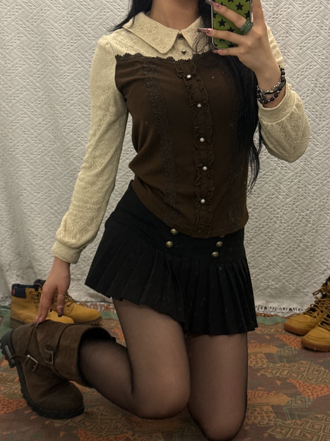 엑시즈팜 모리 라떼갸루 레이스 콩버튼 카라 롱슬리브 K0252 상품이미지1