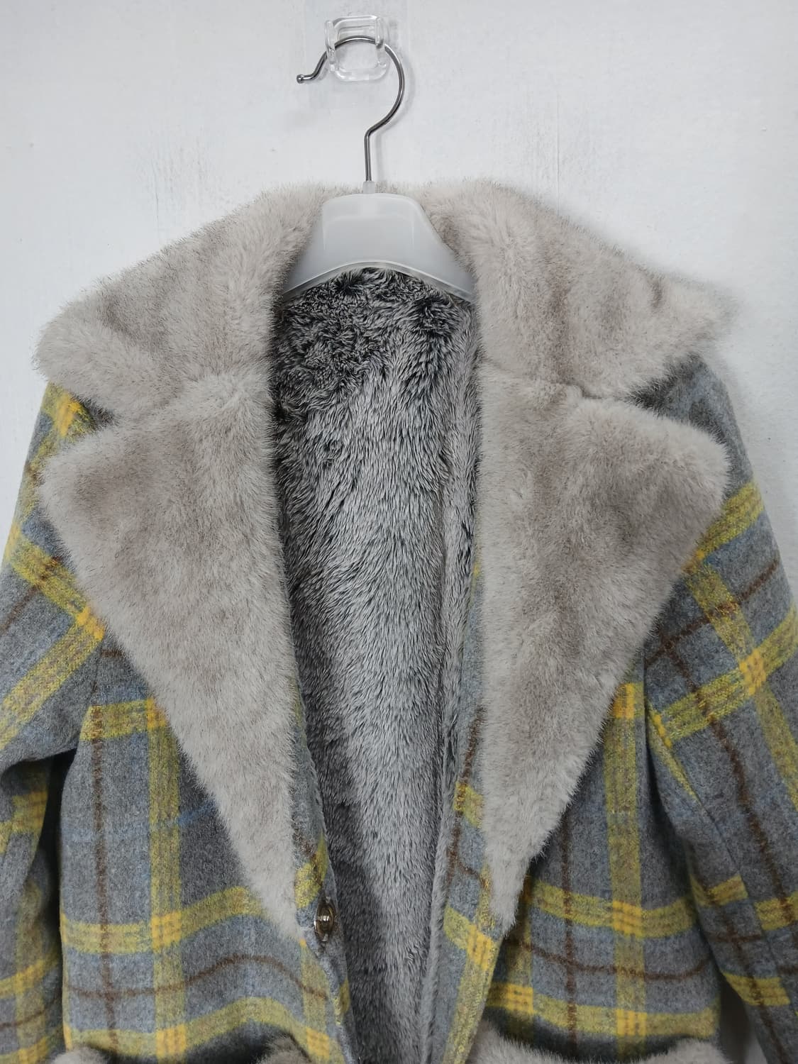 그레이옐로우 체크모직 밍크퍼 롱 코트 90 S 새제품 상품이미지2