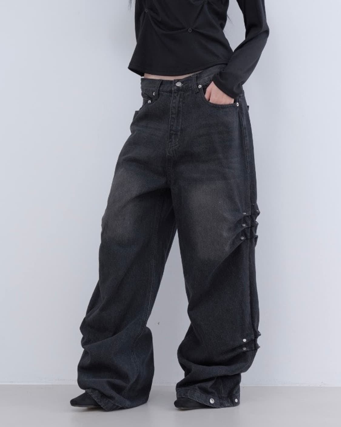 리벳 와이드 흑청 워싱 데님 와이드 팬츠 벌룬핏 스트릿 고스 펑크 락 춤 상품이미지2