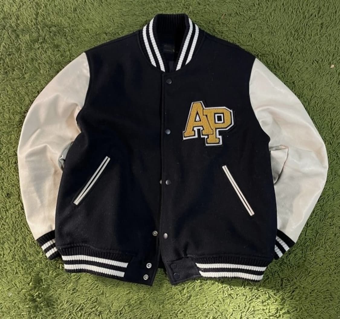 빈티지 블랙 레더 소매 야구 점퍼 AP 패치 100/L 상품이미지1